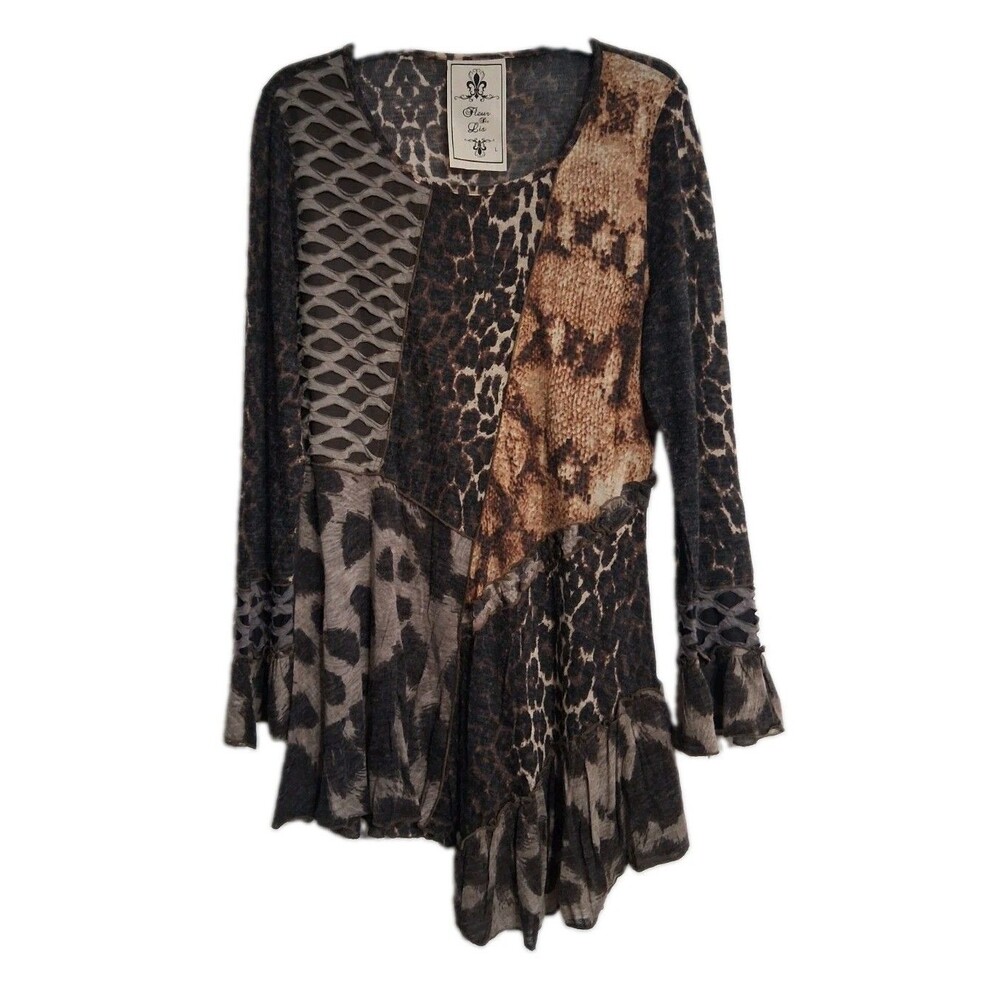 Women's Fleur De Lis Semi Sheer Animal Print Tunic Top Size L